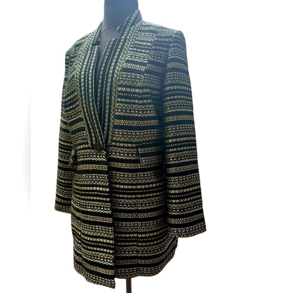 Chicos Gold Metallic Tweed Gold Statement Jacket Women Size S Longline Textured